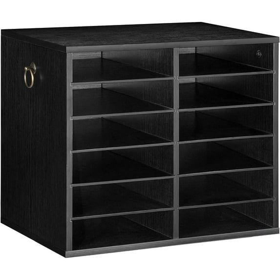 Literature Organizers, 12 Compartments Office Mailbox with Adjustable Shelves, Wood Countertop Literature Sorter for Office, Home, Classroom, Mailrooms Organization Black
