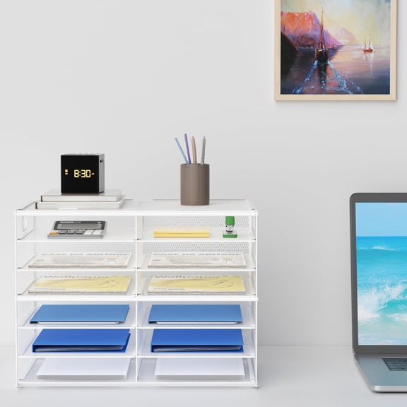 12 Compartments Paper Organizer for Desk, Mesh Literature Organizer, Mail File Sorter Tray with Handle, Desktop Mailbox for Office Classroom Home - White