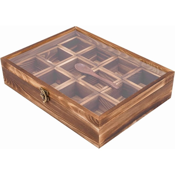 12 Compartments Wooden Spice Box Pine Wood Masala Dabba Container with Spoon Multipurpose Kitchen Storage Organizer for Spices Dry Fruits Each Partition Table Top Decorative Rack