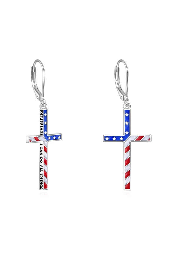 American Flag Cross Leverback Earrings Dangle Sterling Silver Red White Blue Patriotic Jewelry for Women Men