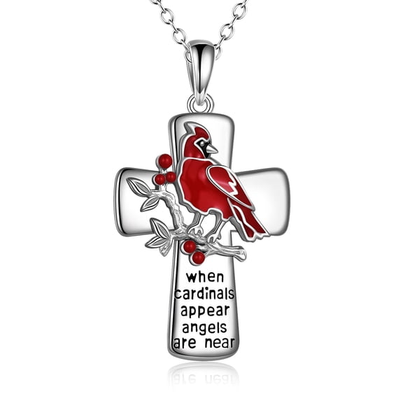 Cardinal Cross Necklace for Women Sterling Silver Red Bird Memorial Jewelry When Cardinals Appear Angels Are Near Gift for Mother or Loved One