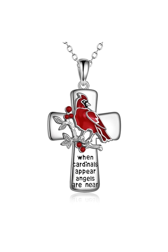 Cardinal Cross Necklace for Women Sterling Silver Red Bird Memorial Jewelry When Cardinals Appear Angels Are Near Gift for Mother or Loved One