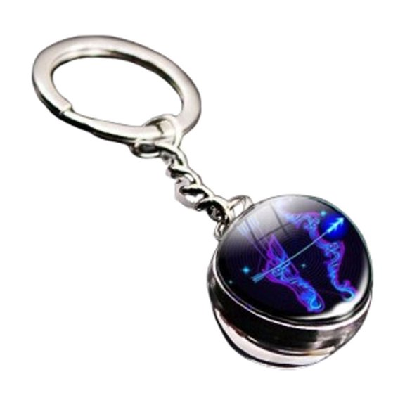 12 Constellation Keychain, Double Side Cabochon Glass Ball Keychain, Luminous Double Side Crystal Glass Ball Keychain (B)
