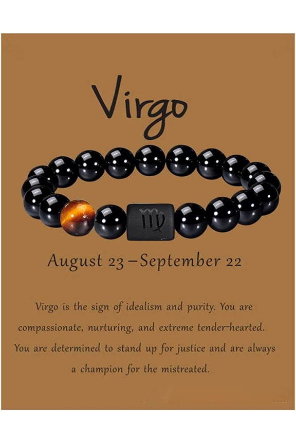 12 Constellation Natural Round Tiger Eye Beads Stretch Bracelets with Black Agate Round Beaded Virgo 1/4x2-3/8 inch(0.8x6cm)