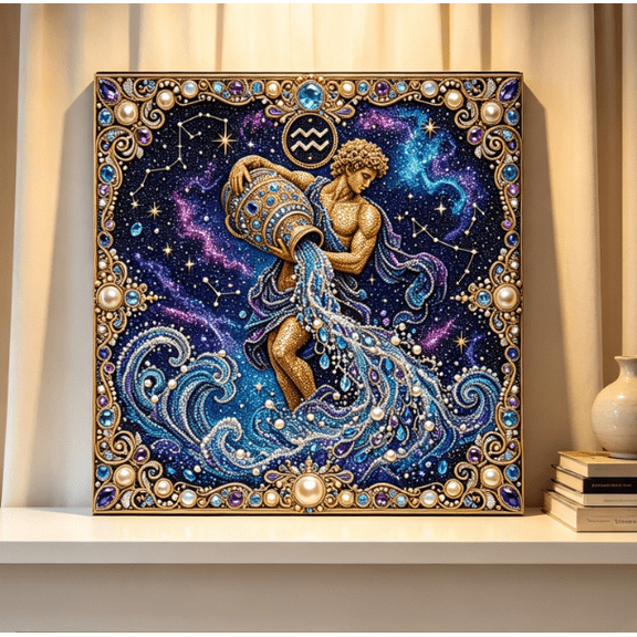 12 Constellation Pearl Painting Kit DIY Gemstone, Horoscope Pattern DIY Bead Art Kit No Extra Battery Needed Casual Handicraft for Bedroom Living Room Decor (Aquarius)