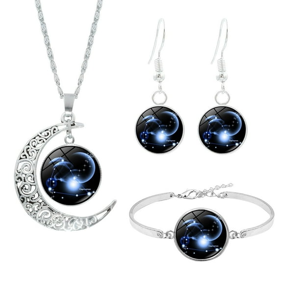 12 Constellations Moon Pendant Jewelry Set - European-Style Astrological Necklace & Bracelet Earrings, Perfect Birthday Gift