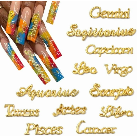 12 Constellations Nail Charms - 3D Pink Zodiac Letters Alloy Nail Art