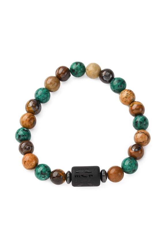 12 Constellations Natural Tiger Eye Picture Jasper Agate Black Onyx Round Beaded Stretch Bracelets for Men Women Column Aquarius 7-1/2 inch(19cm)