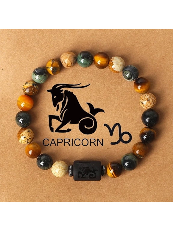12 Constellations Natural Tiger Eye Picture Jasper Round Beaded Stretch Bracelets for Men Women Column Capricorn 7-1/8 inch(18cm)
