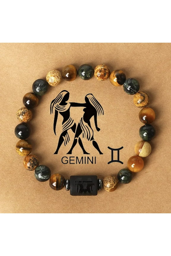 12 Constellations Natural Tiger Eye & Picture Jasper Round Beaded Stretch Bracelets for Men Women Column Gemini 7-1/8 inch(18cm) Mixed Stone