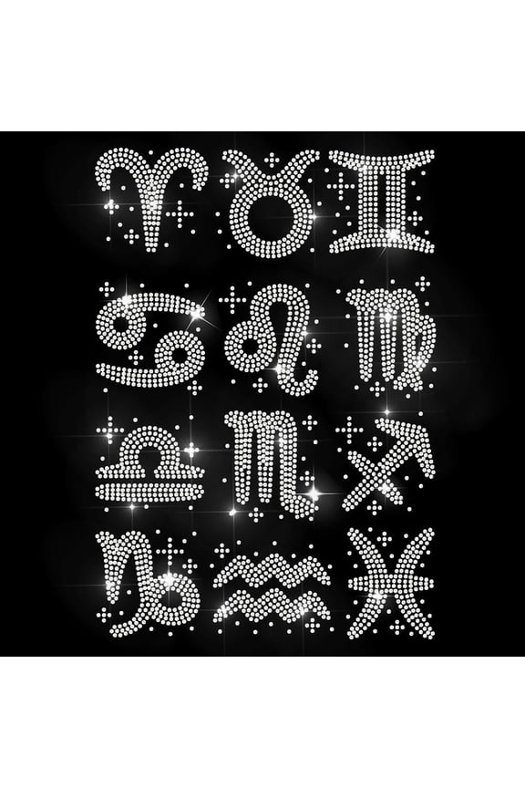12 Constellations Rhinestone Iron on Hotfix Heat Transfer Decal Horoscope Icons Hot Fix Rhinestone Applique Bling Clothing Repair Patch for T-Shirts Hat Jacket Garments Bags DIY Decor Mixed Color