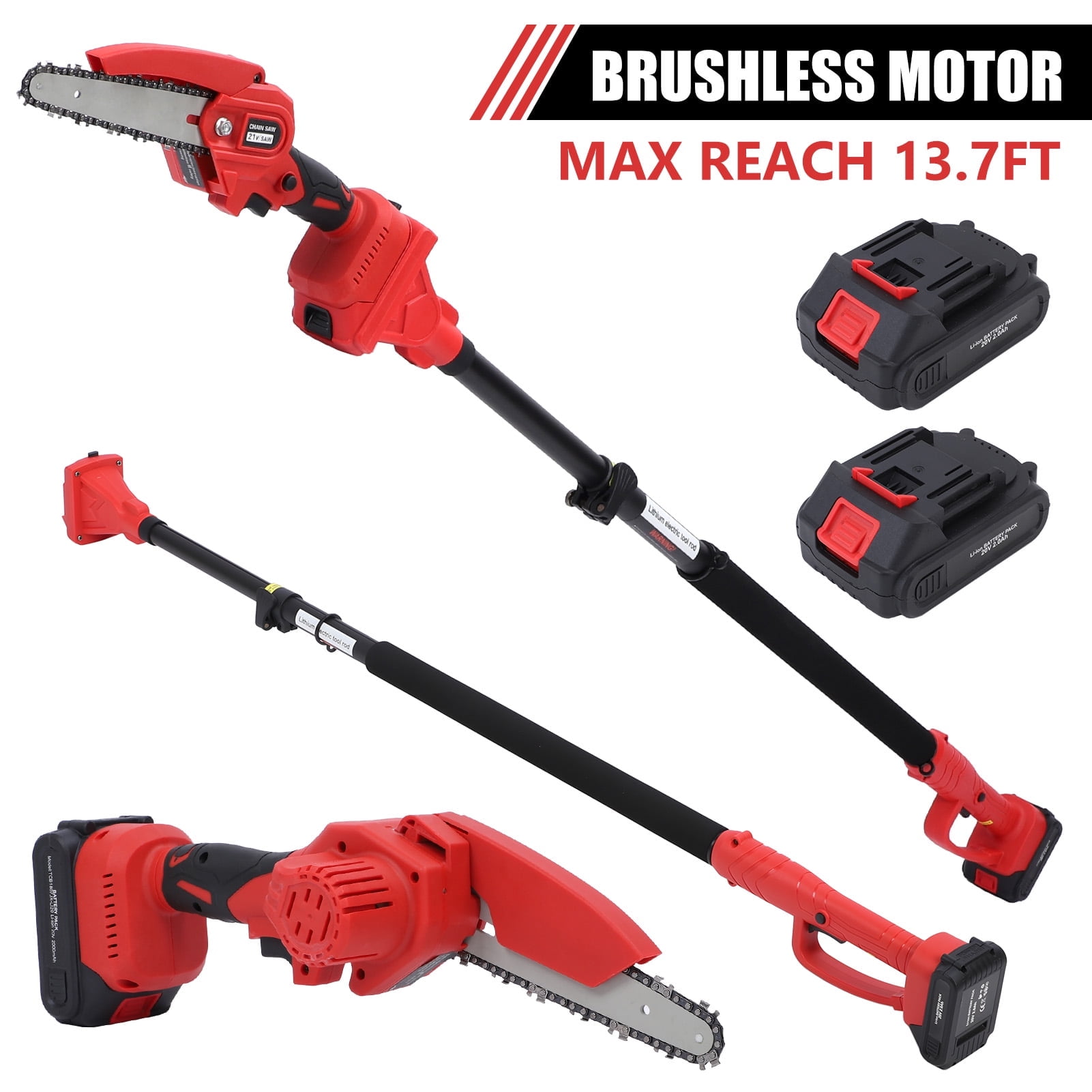 2-in-1 Brushless Cordless Pole Saw,6+8in Mini Chainsaw & Pole Saw with 2pcs 2.0A Batteries, 13.6ft Max Reach Brach Tree Saw Telescoping Extension Rod for Wood Tree Trimming Wood Cutting,Red