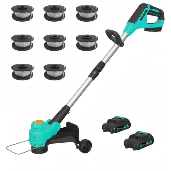 12" Cordless String Trimmer Weed Wacker, Battery Powered Grass Trimmer with 2 x 2.0Ah Batteries & Fast Charger, Includes Wheels and 8 Replacement Spool Lines for Lawn Care