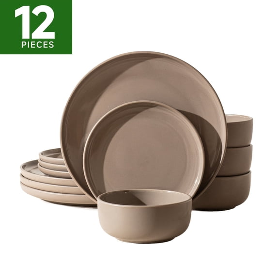 12 Count 2-Tone Brown Stoneware Dinner Set, Reactive Glaze, Service for 4, Scratch Resistant