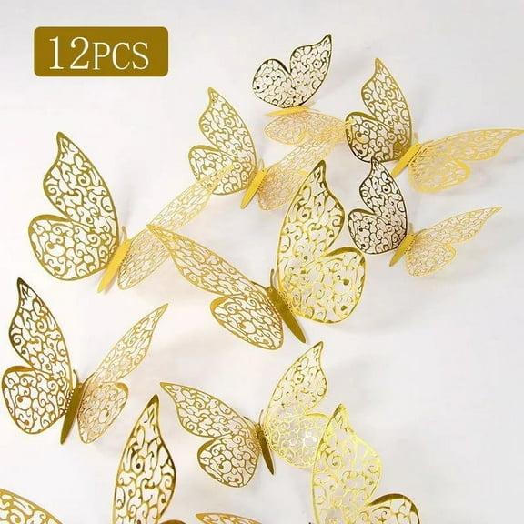 12 Count 3D Butterfly Wall decor, Shimmering Gold Hollow-Out Textured Pieces, Wall decorations for Living Room, Bedroom, office, Nursery and Butterfly-Themed Party Arrangements