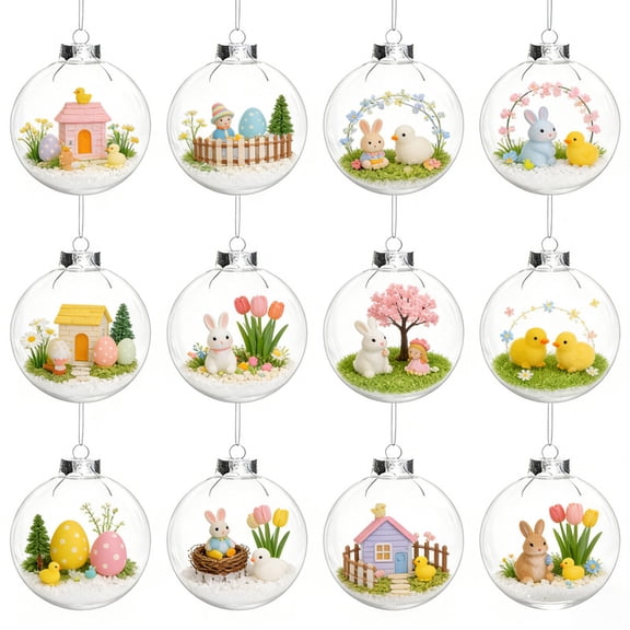 12 Count Clear Plastic Fillable Spring Easter Decorative Balls, Round Transparent Hanging Ornaments for DIY Crafts, Easter Parties, Birthdays, Weddings
