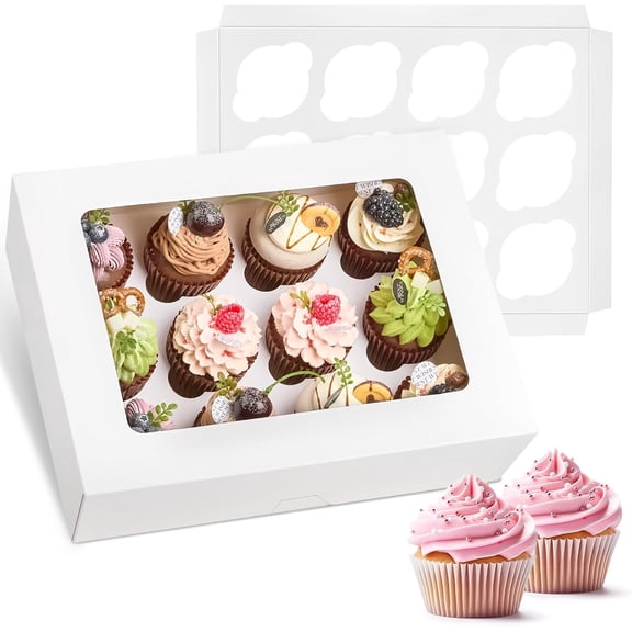 12 Count Cupcake Boxes, 2 Pack White Cupcake Containers with Windows and Inserts, Disposable Cupcake Carriers for Muffins, Treats, Pastries, 13 x 10 x 4 Inches