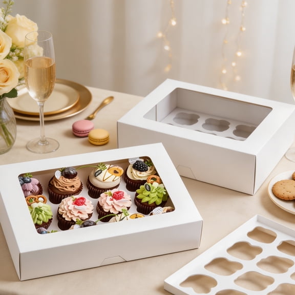 2 Pack 12-Count White Cupcake Boxes with Clear Windows & Inserts, Disposable Cupcake Carriers for Muffins, Pastries & Treats, 13 x 10 x 4 Inches