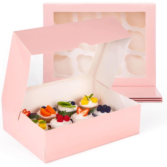 12 Count Cupcake Boxes, 6PCS 13.2x9.8x4Inches Pink Cupcake Container with Window Boxes Holding 72 Pastry Box for Birthday Holiday Party Bakery Supplies