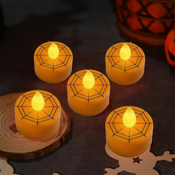 12-Count Halloween LED Tea Lights - Battery Operated Flameless Candles with Timer Pumpkin Ghost Designs Safe Tabletop Decor Set(A)