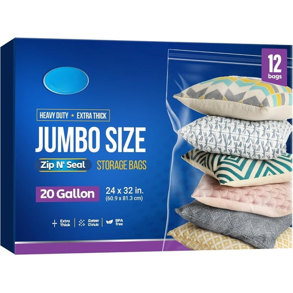12 Count - Large Plastic Bags With Zipper Top, 20 Gallon Size 24" x 32", Storage Bags, For Clothes, Travel, Moving, , Heavy Duty 3-Mil Thick