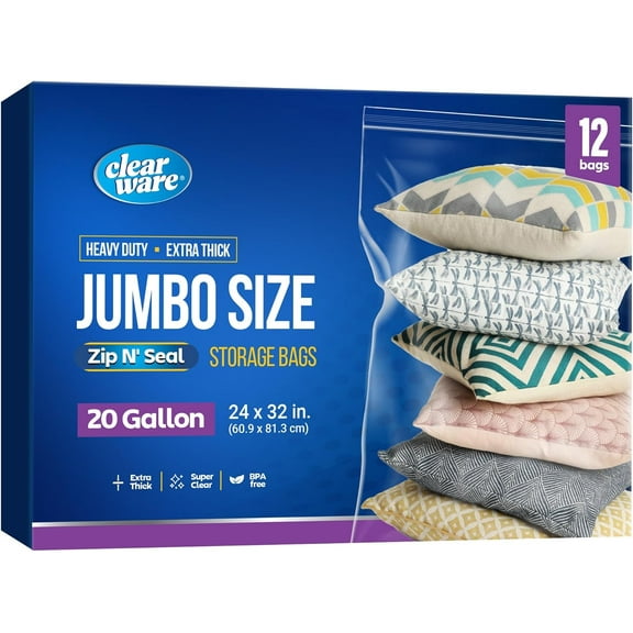 12 Count - Large Plastic Bags With Zipper Top, 20 Gallon Size 24" x 32", Extra Large Storage Bags, For Clothes, Travel, Moving, BPA-Free, Heavy Duty 3-Mil Thick
