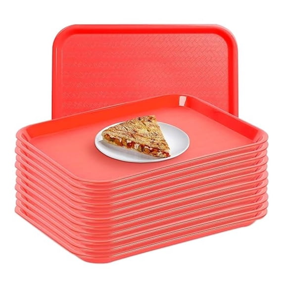 12-Count Lunch and Dinner Food Trays | Red | 10" x 14" Plastic Food Trays for Home, Cafeteria, Restaurants, Delis, Bakeries, and Organization