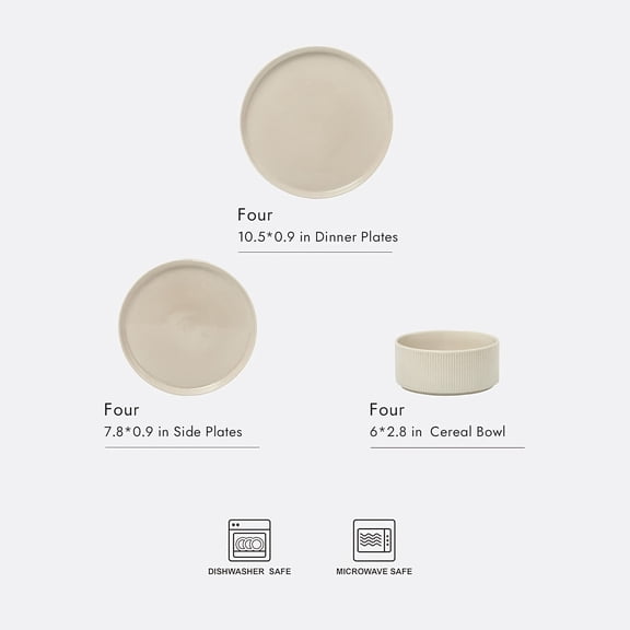 12 Count Matte Cream Stoneware Dinnerware Set, Service for 4, Microwave Dishwasher Safe