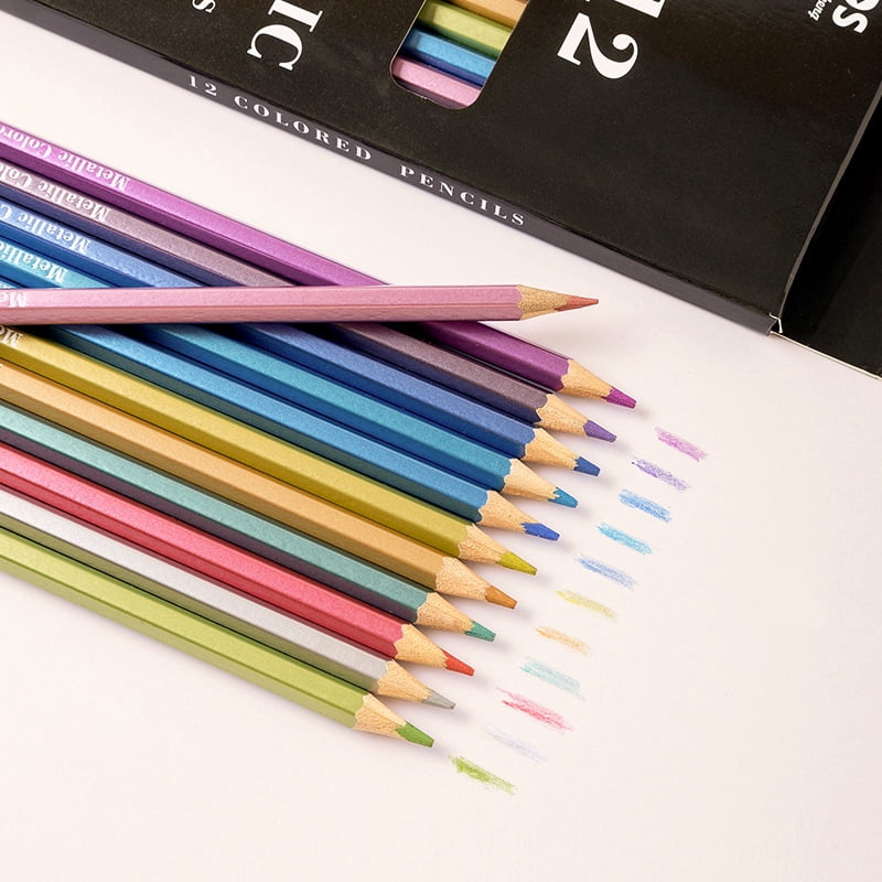 12-Count Metallic Colored Pencil Set, Wooden Art Pencils for Drawing ...