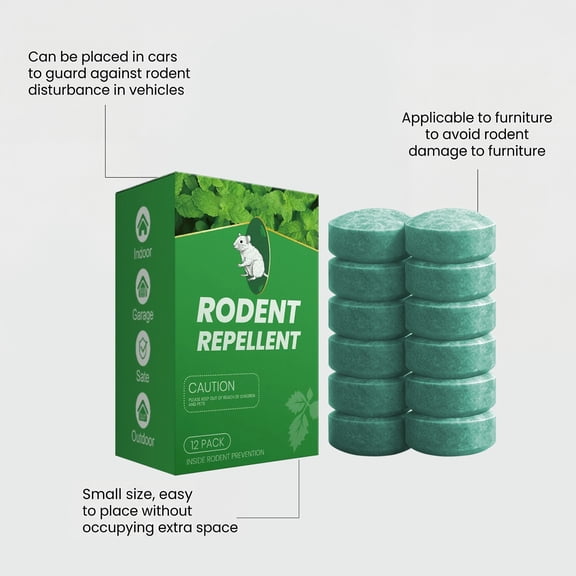 12 Count Peppermint Scent Rodent Repellent Tablets, Natural Plant Based Non-Toxic Mouse Deterrent, Safe For Pets Humans For Garage Kitchen Basement Car Indoor Outdoor Use