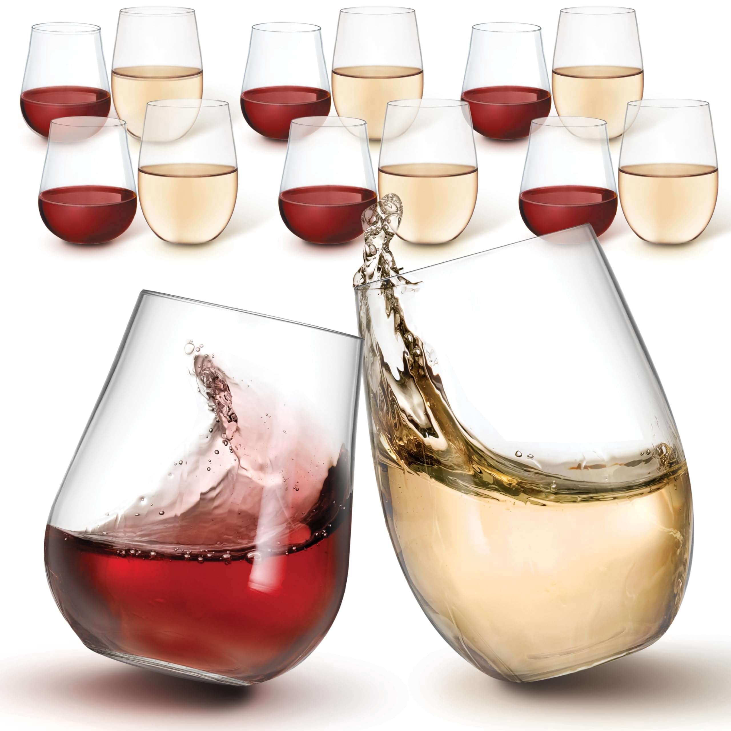 12 Count Plastic Red and White Wine Stemless Wine Glasses Set, 6 x 16oz  White Wine Glass and 6 x 14oz Red Wine Glass, Unbreakable Wine Glasses,  Crystal Clear, Reusable and Shatterproof