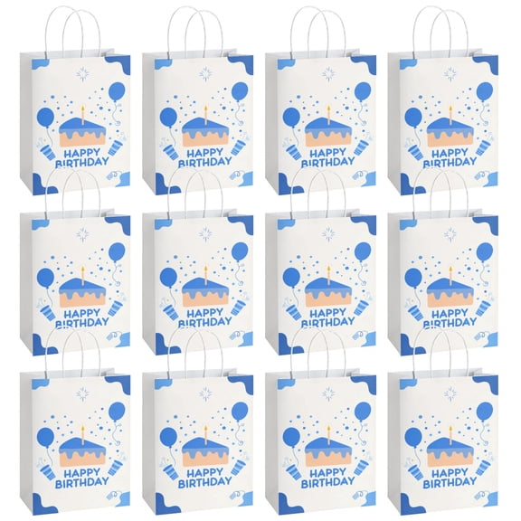 12 Count Simple Blue Themed Birthday Paper Bags, Bulk Party Favor Bags with Handles