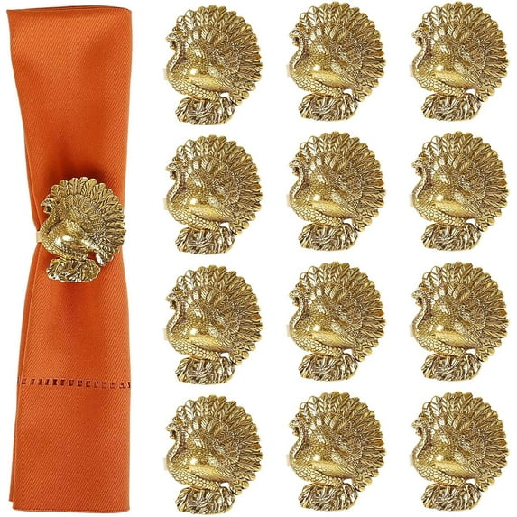 12 Count Thanksgiving Napkin Rings - Vintage Bronze Turkey Design, Rustic Fall Table Decor for Holiday Dinner, Autumn Harvest Party Supplies, Copper-Colored Holders