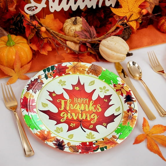 12-Count Thanksgiving Paper Plates, Disposable Round Dinner Plates with Maple Leaf Pumpkin Print for Holiday Party Tableware(Orange-B)