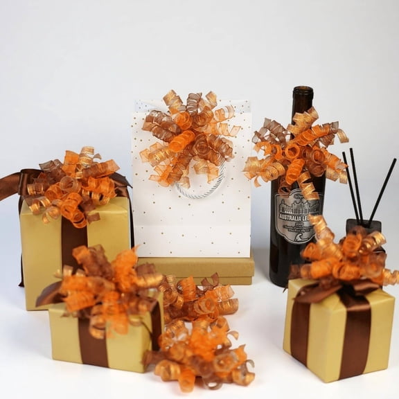 12 Counts Pumpkin Color Curly Ribbon Bows Burnt Orange Fall Wreath Bows for Gift Wrapping, Self Adhesive Burst Gift Bow for Presents, Birthday, Halloween, Holiday Party Favors, Thanksgiving