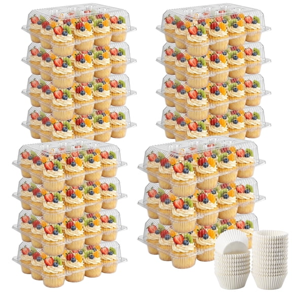 15 Pack Cupcake Containers with 200 Cupcake Liners, Disposable Cupcakes Containers with Detachable Tall Lid, Plastic Cupcake Boxes Holders for Baking, Parties, Wedding,Gifting