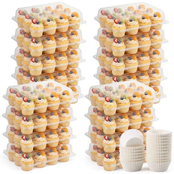 12 Counts x 15 Sets Cupcake Containers with 200 Pack Cupcake Liners, Disposable Cupcakes Containers with Detachable Tall Lid, Plastic Cupcake Boxes Holders for Baking, Parties, Wedding,Gifting