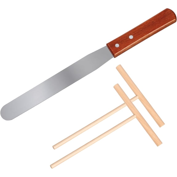 12'' Crepe Spreader and Spatula Kit 4.7'' T-Shaped Batter Spreaders Crepes Turner Sticks Pancake Tool Wood Handle Stainless Steel Spatula for Crepe Pan Maker