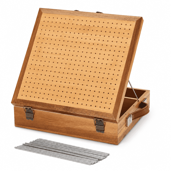 12" Crochet Blocking Board, Acacia and Bamboo Granny Square Blocking Board with Storage Drawer, 441 Holes and 20 Stainless Steel Pegs, for Knitting Crochet Projects
