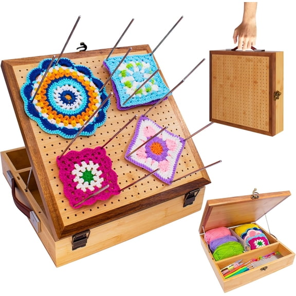12'' Crochet Blocking Board - with Storage Drawer & 20 Pegs, Bamboo Granny Square Blocking Board for Crochet Projects, Ideal Crocheting Gifts for Crocheters