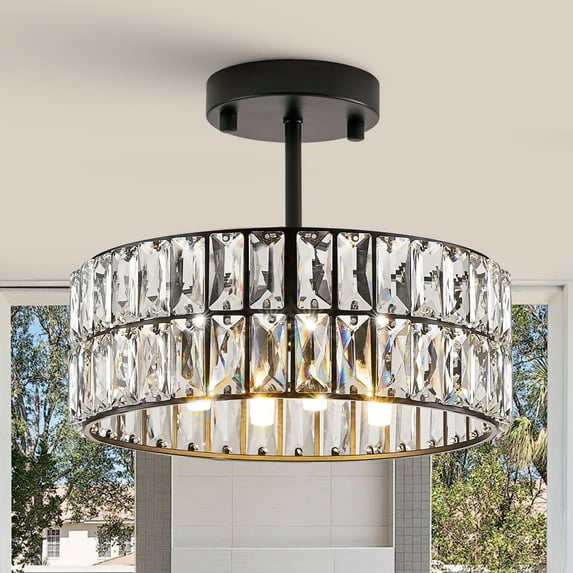 12" Crystal Chandeliers, Modern Semi Flush Mount Ceiling Light Chandelier 4-Light Drum Crystal Ceiling Pendant Light Fixture for Foyer Entryway Kitchen Hallway Dining Room