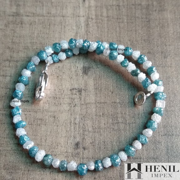12 Ct Natural Diamond - Fancy Blue & White Color Rough Diamond Beads 6.50 Inch Bracelet wt 925 Silver Clasp - Rough Diamond - Loose Diamonds