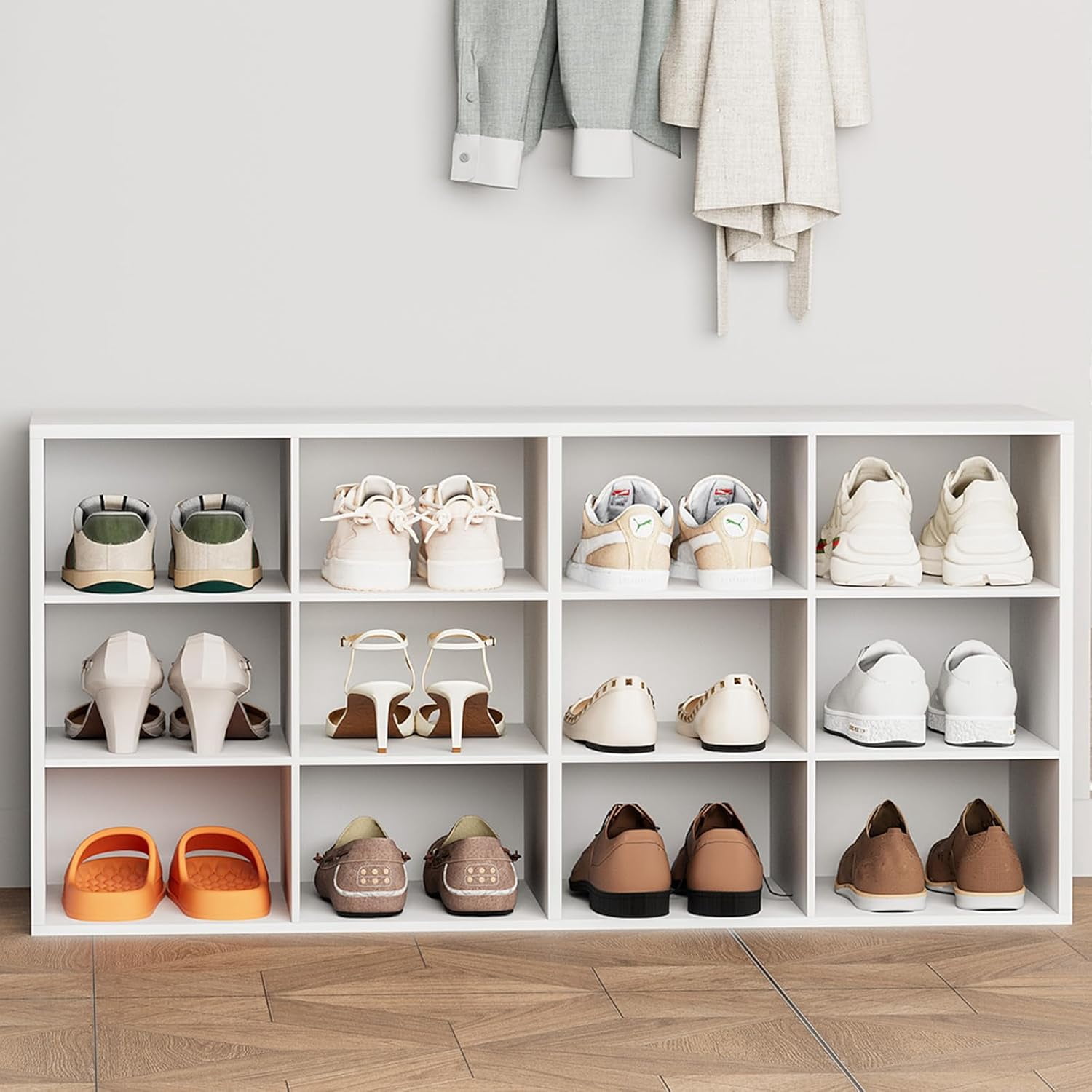 12-Cubby Shoe Rack, 3-Tier Wood Shoe Organizer, Multifunctional Shoe ...