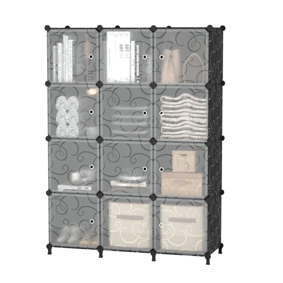 12 Cube Black Storage Organizer With Doors Modular Stackable Shelving Rack for Bedroom Living Room