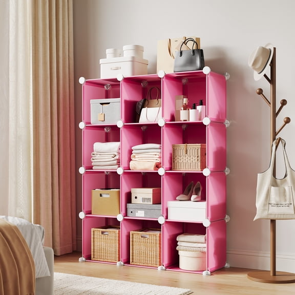 12 Cube Modular Storage Organizer - Stackable & Customizable Plastic Shelves Unit, 12.6” Cubes with Anti-Tip Feet for Closet & Bookshelf Organization, Pink