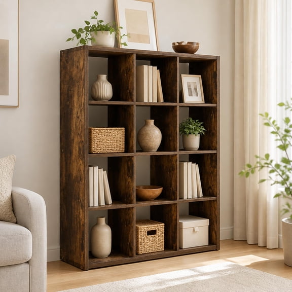 12-Cube Open Back Bookshelf Storage Organizer Amber Pine 14.6D x 43.8W x 58H