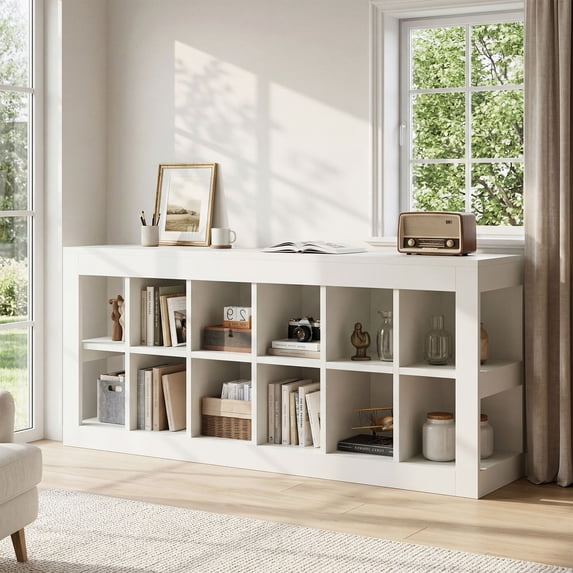 12 Cube Organizer Bookcase, 2-Tier Open Storage Shelf, 52" Horizontal Bookshelf for Living Room, Bedroom, Office, Toy or Display Storage