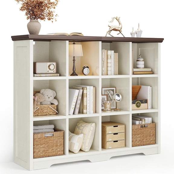 12 Cube Organizer Bookcase, Modern Farmhouse Open Shelf for Storage Bins & Decor, Display Bookshelf Console Closet for Living Room, Bedroom, Home Office, Walnut+White
