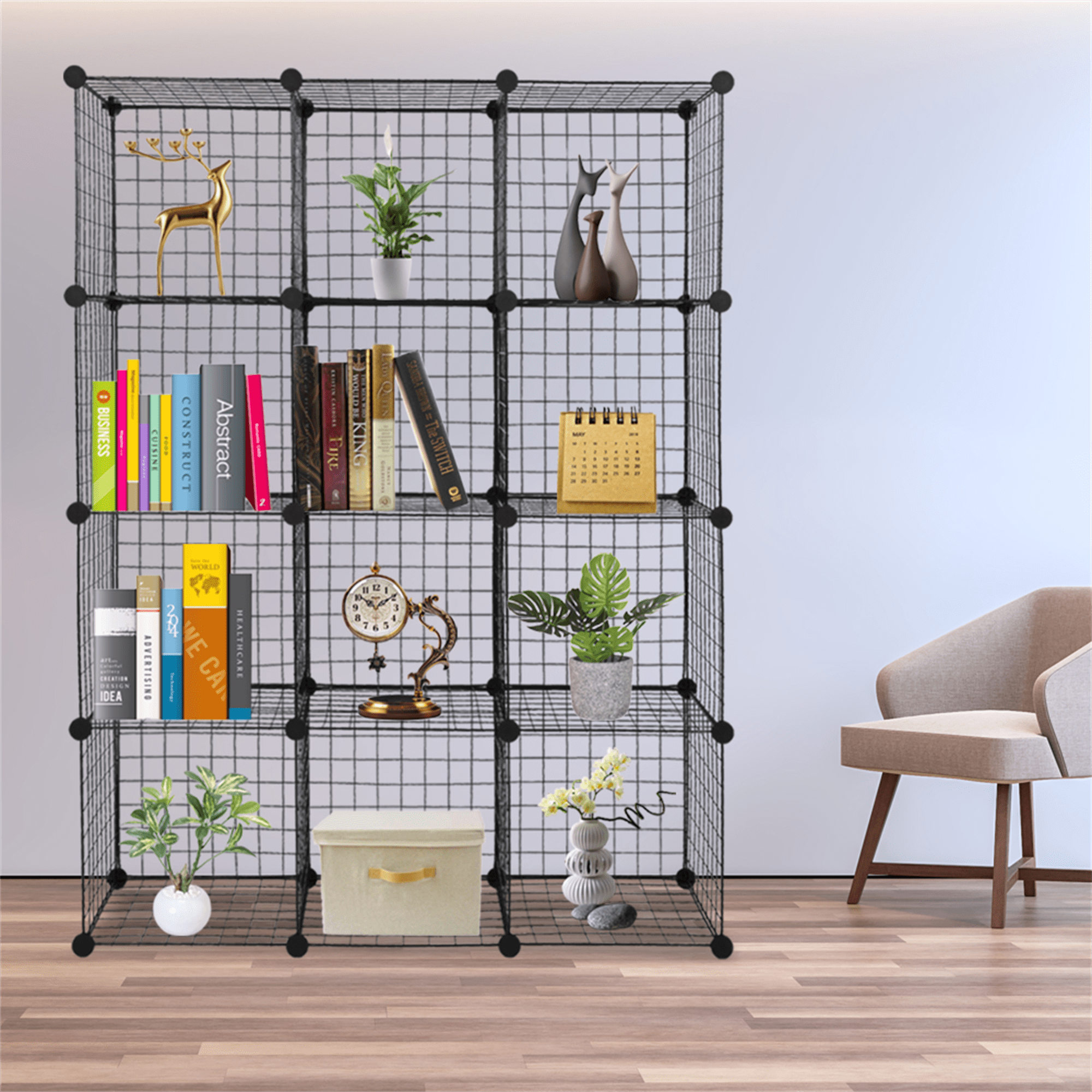 12-Cube Organizer Shelf, Metal Grid Storage Cubes, DIY Modular Bookshelf, Closet Organizer & Toy Storage, Black (14" x 14" x 14" Each Cube)