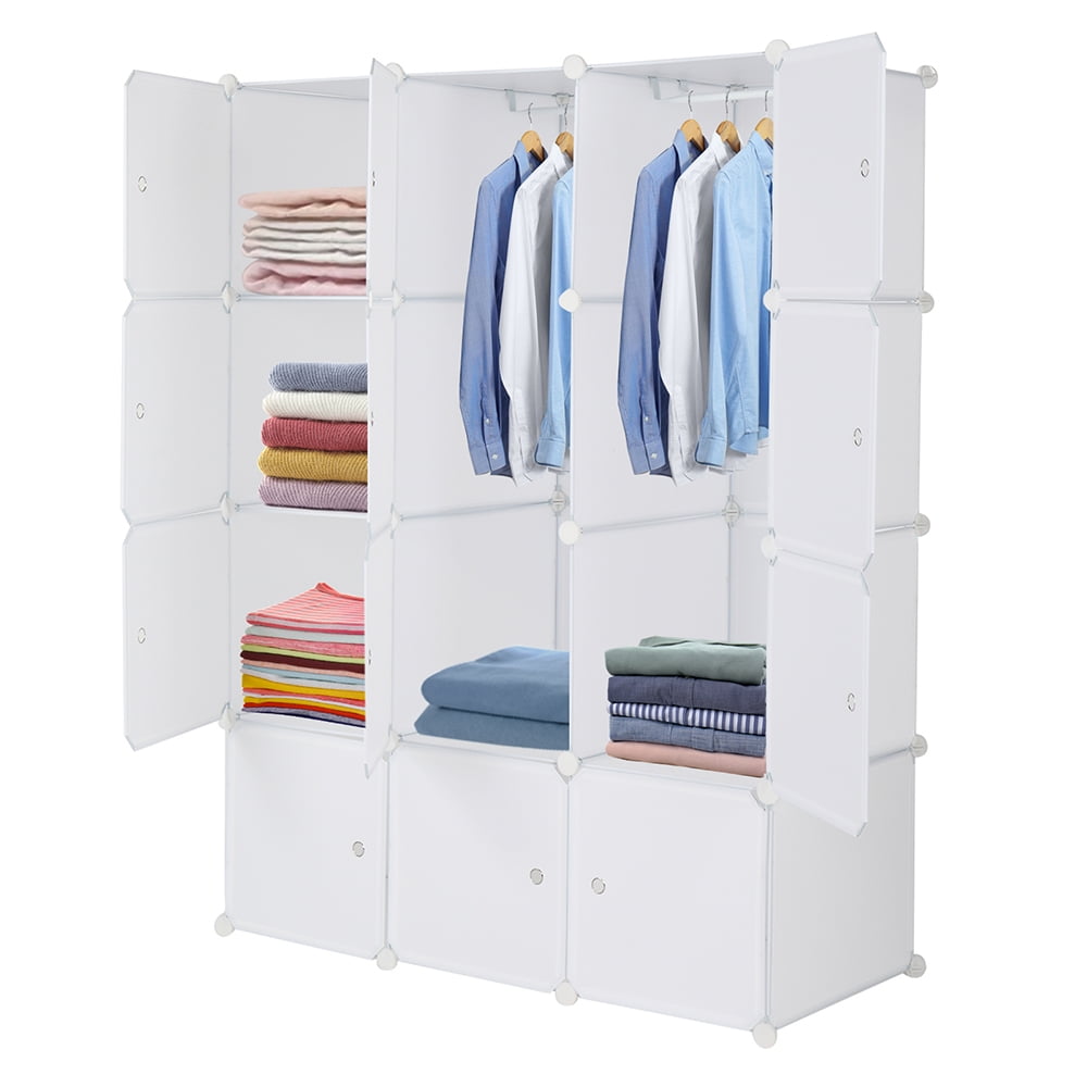 12 Cube Organizer Stackable Plastic Cube Storage Shelves Modular Closet Cabinet with Hanging Rod, White